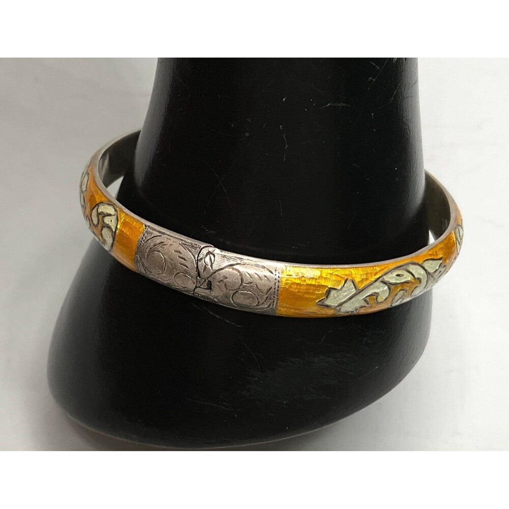 Vintage Sterling Silver Guilloch Enamel Hinged Bangle Bracelet Yellow & White